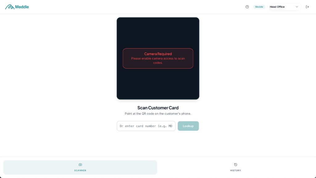 Meddle staff portal: camera access prompt to scan QR, manual card lookup field, Head Office selector, and Scanner / History navigation