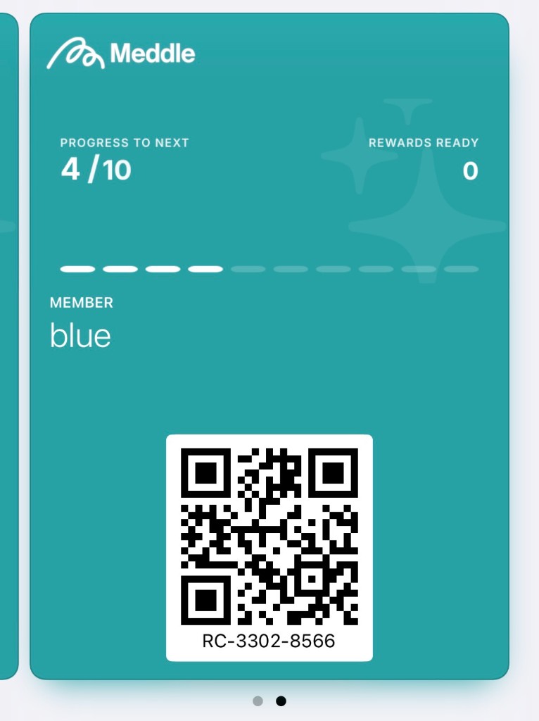 Meddle loyalty pass in Apple Wallet: progress to next reward, rewards ready, member name and QR code for scanning